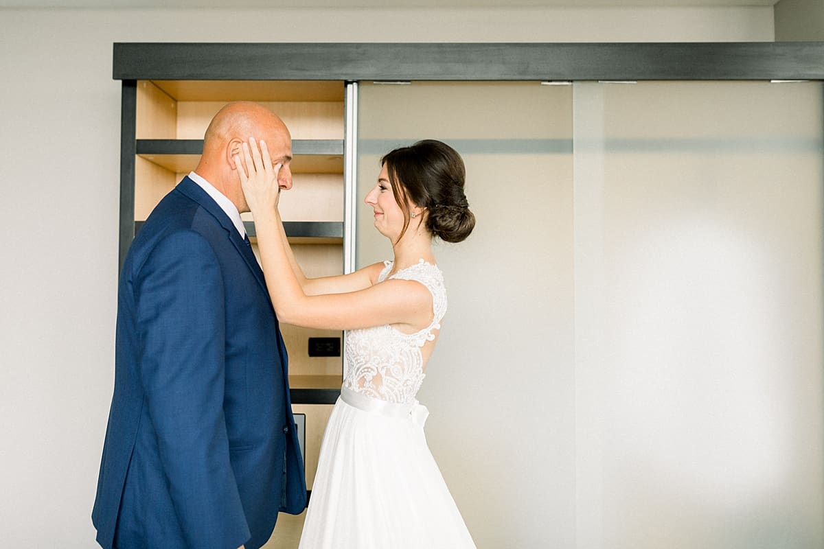 Arielle Peters Photography | Father of the bride having first reveal of bride at The Blue Heron at Blackthorn in South Bend, Indiana on wedding day.
