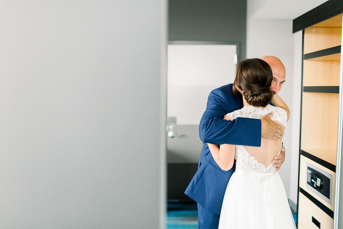 Arielle Peters Photography | Father of the bride having first reveal of bride at The Blue Heron at Blackthorn in South Bend, Indiana on wedding day.