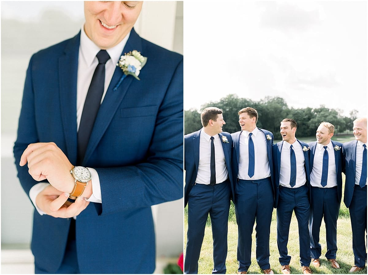 Arielle Peters Photography | Groom and groomsmen laughing outside at The Blue Heron at Blackthorn in South Bend, Indiana on wedding day.
