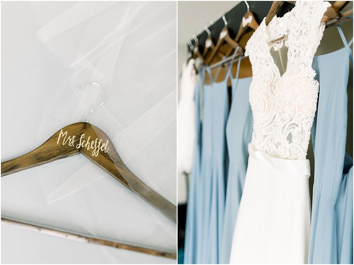 Arielle Peters Photography | Wedding gown hanging next to the bridesmaids dresses at The Blue Heron at Blackthorn in South Bend, Indiana on wedding day.