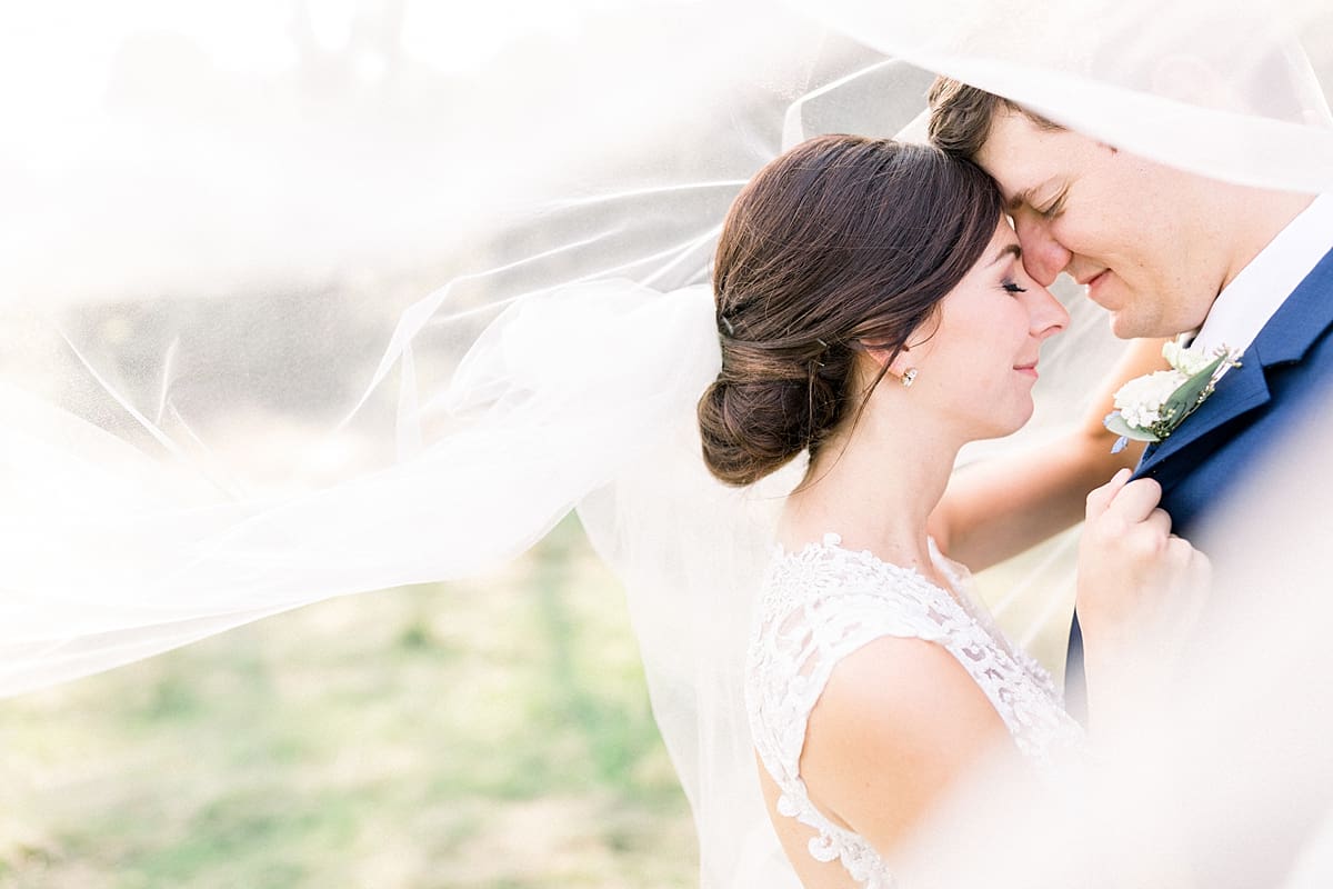 Arielle Peters Photography | Bride and groom kissing under her veil outside at The Blue Heron at Blackthorn in South Bend, Indiana on wedding day.