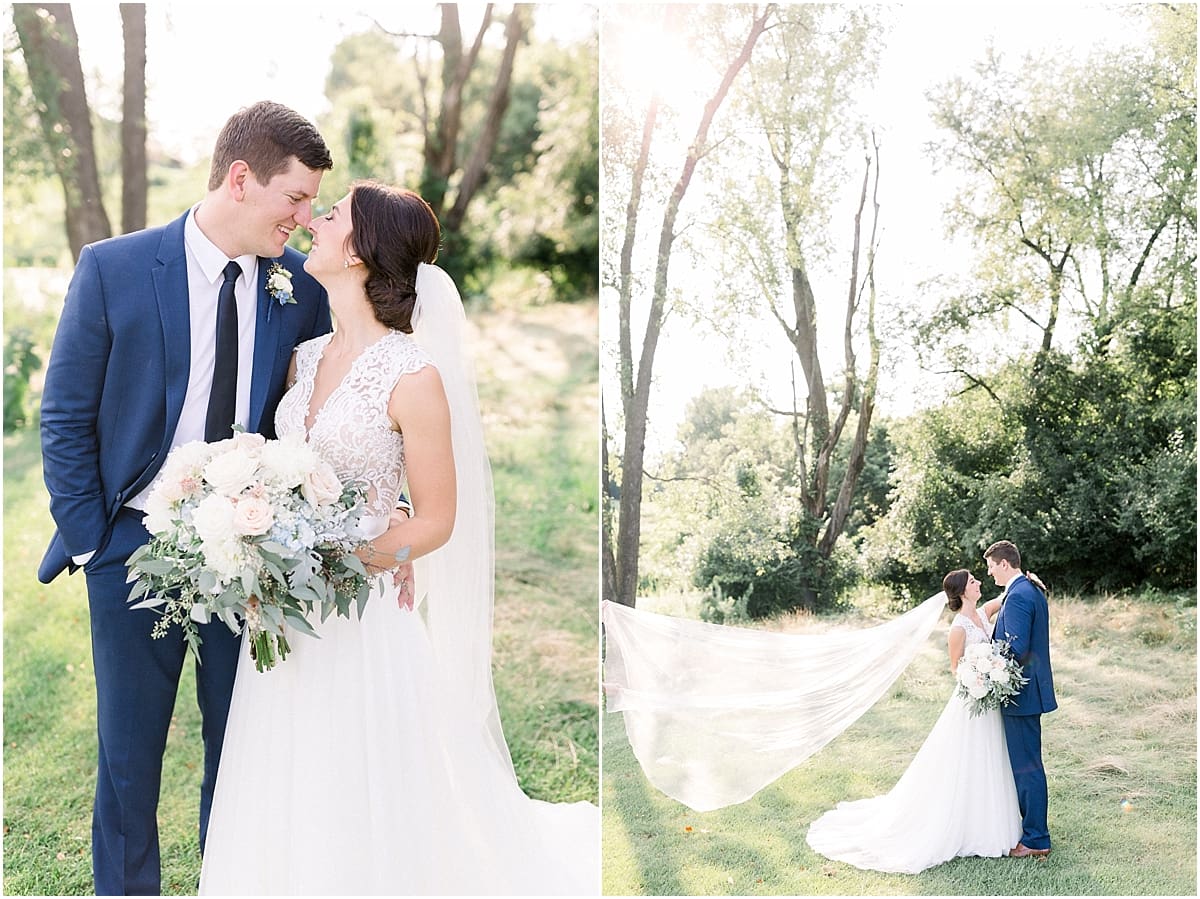 Arielle Peters Photography | Bride and groom kissing with veil flowing outside at The Blue Heron at Blackthorn in South Bend, Indiana on wedding day.