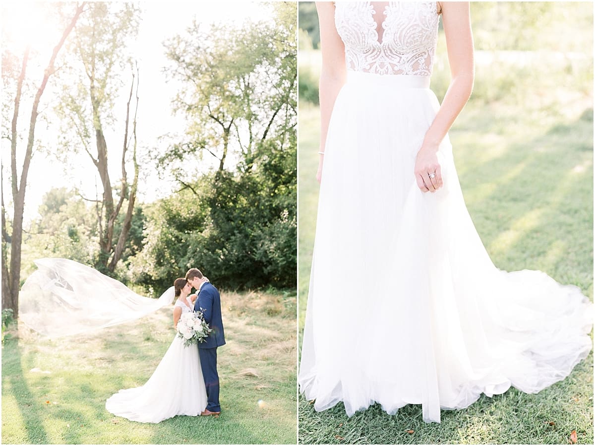 Arielle Peters Photography | Bride holding groom with her veil flowing outside at The Blue Heron at Blackthorn in South Bend, Indiana on wedding day.
