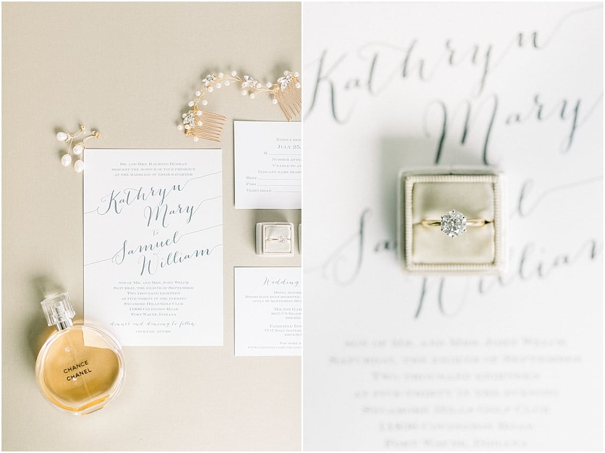 Arielle Peters Photography | Wedding rings and invitations at Sycamore Hills Golf Club in Fort Wayne, Indiana on wedding day.