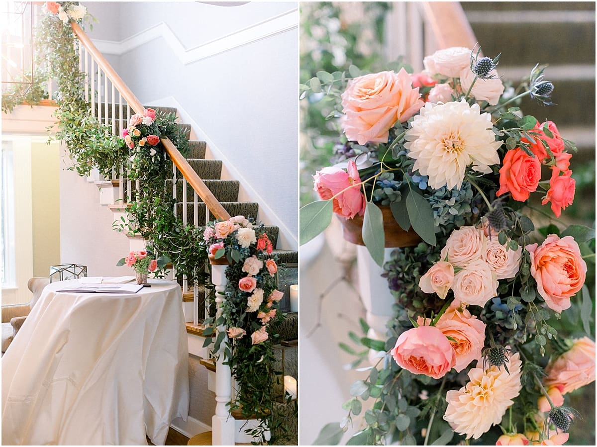 Arielle Peters Photography | Wedding reception banister covered in roses at Sycamore Hills Golf Club in Fort Wayne, Indiana on wedding day.