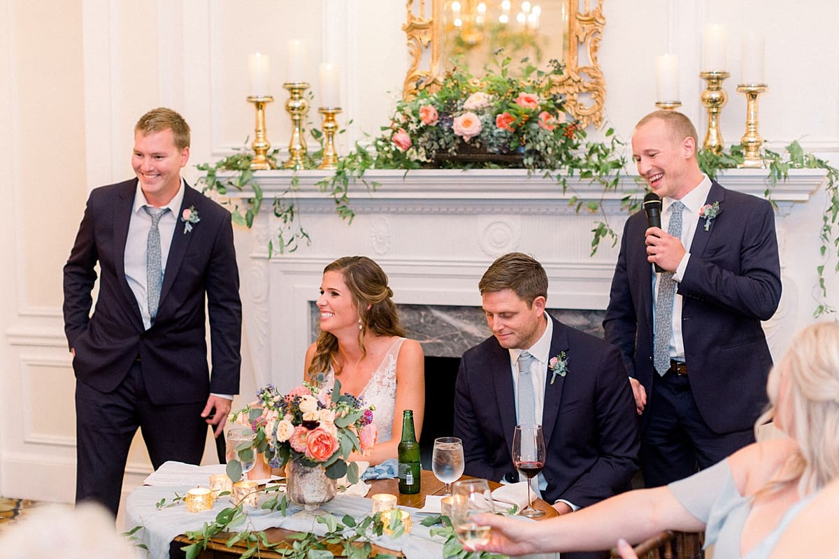Arielle Peters Photography | Groomsmen giving speech at wedding reception at Sycamore Hills Golf Club in Fort Wayne, Indiana on wedding day.