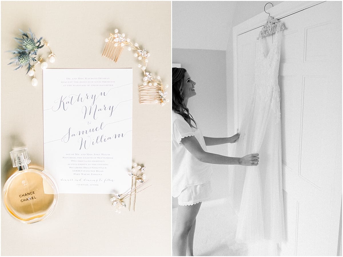 Arielle Peters Photography | Bride looking at her wedding gown at Sycamore Hills Golf Club in Fort Wayne, Indiana on wedding day.
