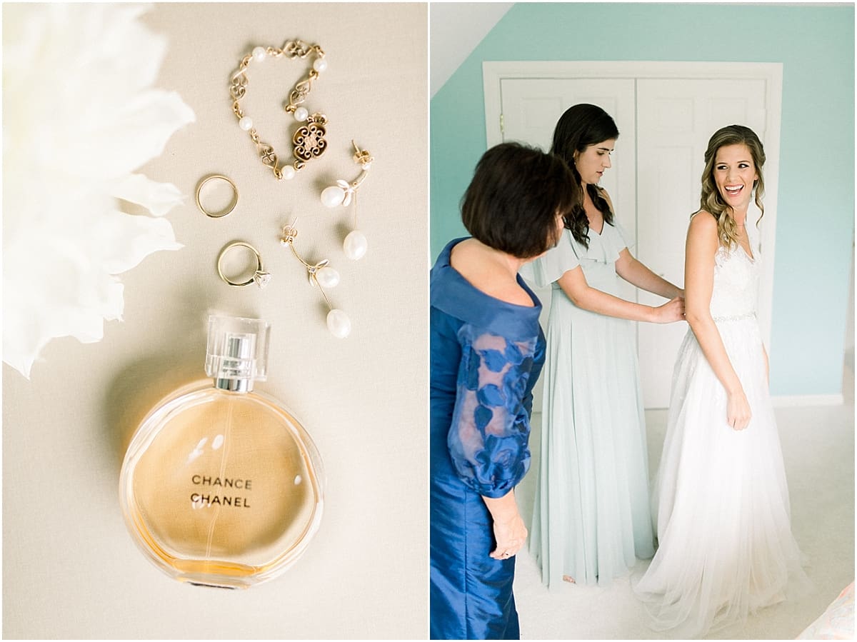 Arielle Peters Photography | Mother of the bride helping dress the bride at Sycamore Hills Golf Club in Fort Wayne, Indiana on wedding day.