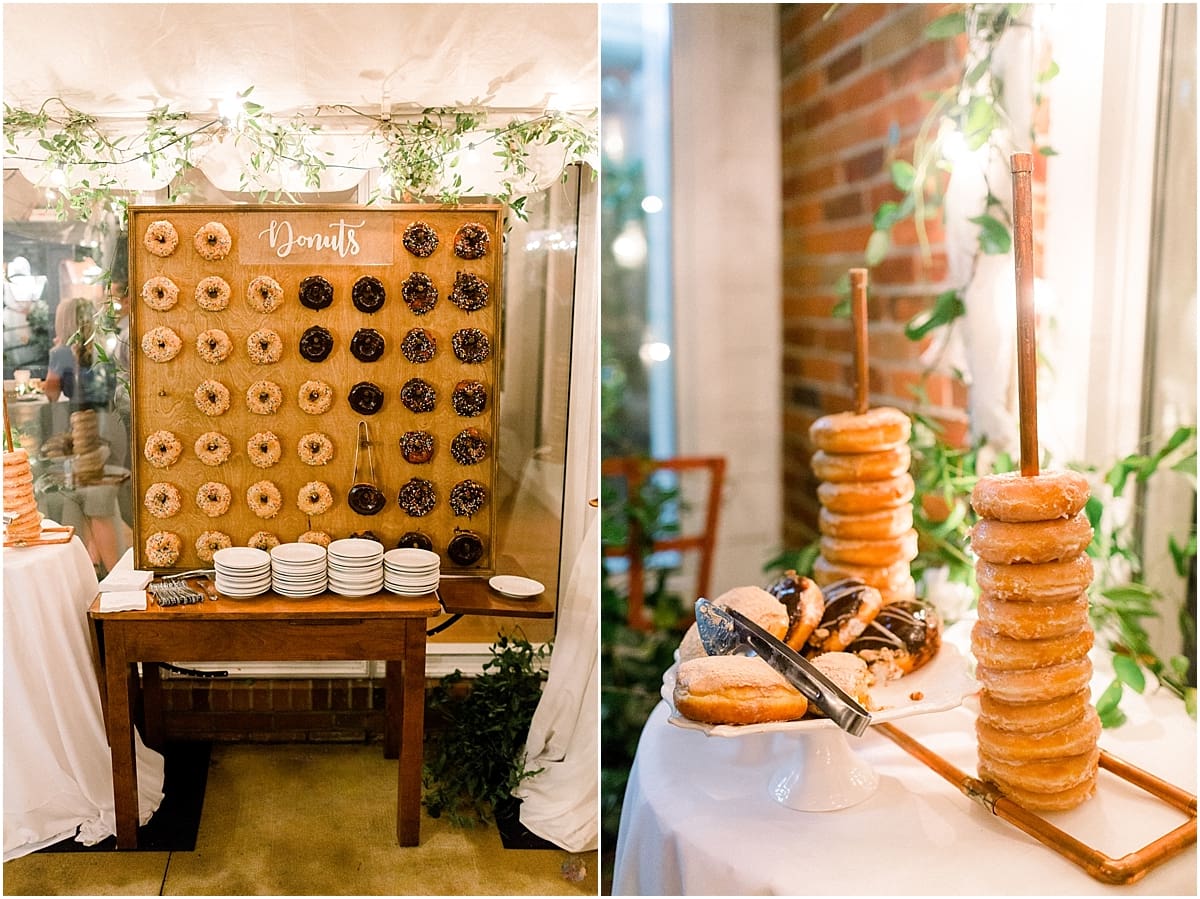 Arielle Peters Photography | Dessert table and donut station at wedding reception at Sycamore Hills Golf Club in Fort Wayne, Indiana on wedding day.
