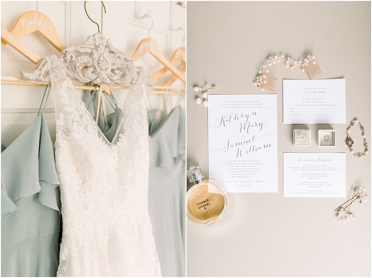 Arielle Peters Photography | Wedding gown hanging next to bridesmaids dresses at Sycamore Hills Golf Club in Fort Wayne, Indiana on wedding day.