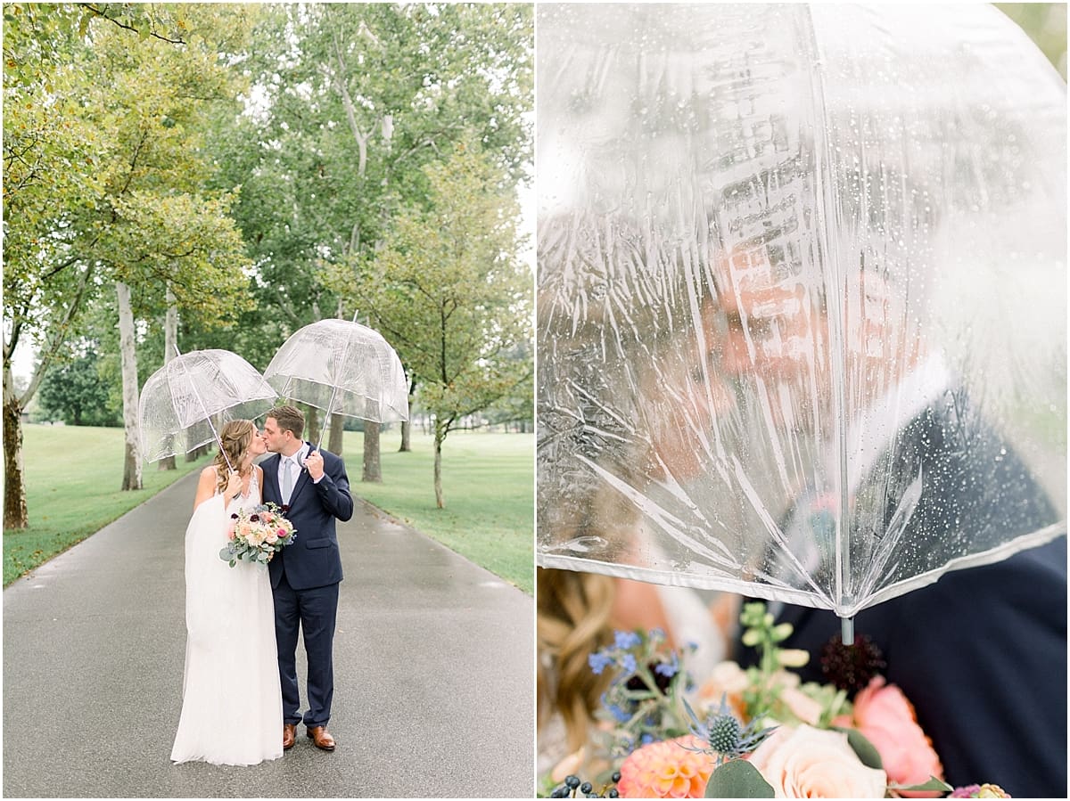 Arielle Peters Photography | Bride and groom kissing outside in rain on wedding day at Sycamore Hills Golf Club in Fort Wayne, Indiana.