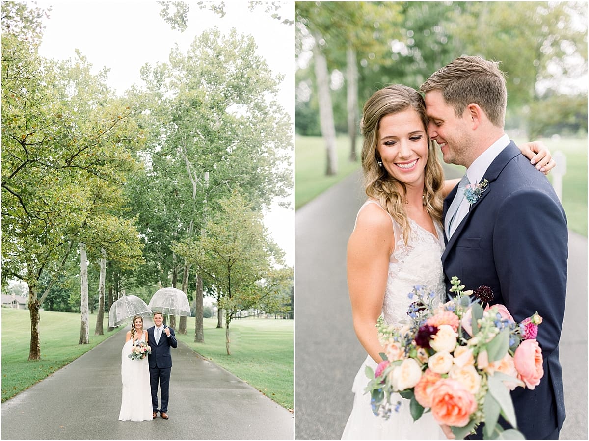 Arielle Peters Photography | Bride and groom walking outside in rain on wedding day at Sycamore Hills Golf Club in Fort Wayne, Indiana.