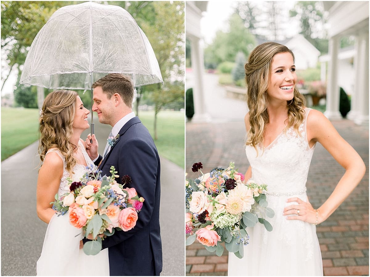 Arielle Peters Photography | Bride and groom smiling under umbrella on wedding day at Sycamore Hills Golf Club in Fort Wayne, Indiana.