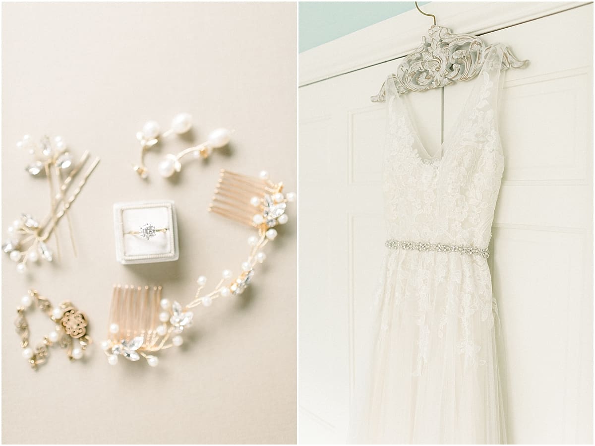 Arielle Peters Photography | Wedding gown hanging in doorway at Sycamore Hills Golf Club in Fort Wayne, Indiana on wedding day.