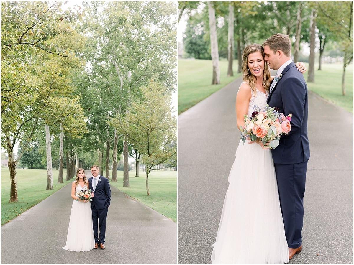 Arielle Peters Photography | Bride and groom kissing outside under trees on wedding day at Sycamore Hills Golf Club in Fort Wayne, Indiana.