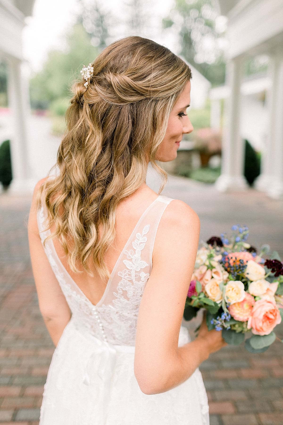 Arielle Peters Photography | Close up of bride's hair and dress on wedding day at Sycamore Hills Golf Club in Fort Wayne, Indiana.