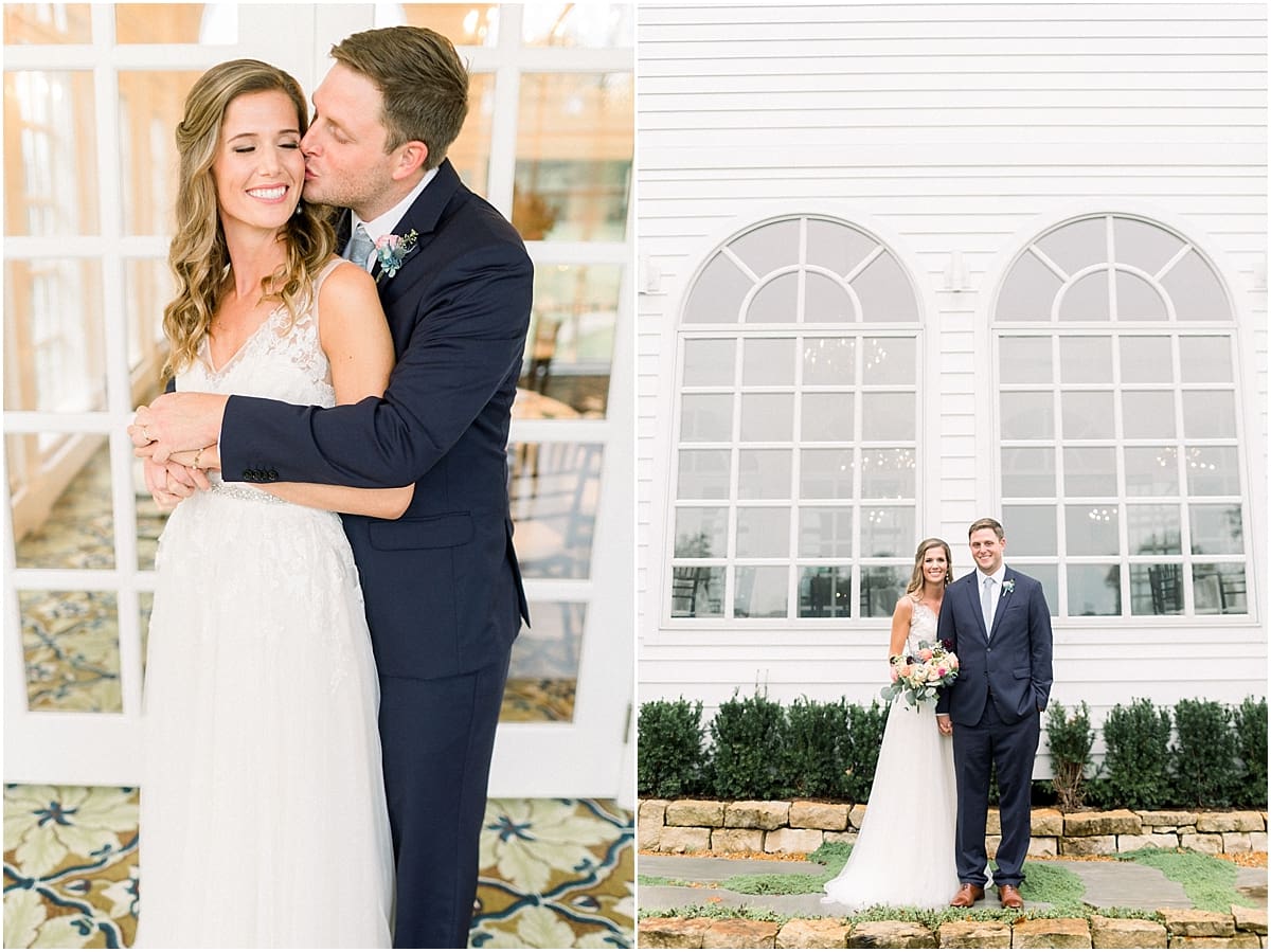 Arielle Peters Photography | Bride and groom kissing by big windows at Sycamore Hills Golf Club in Fort Wayne, Indiana on wedding day.