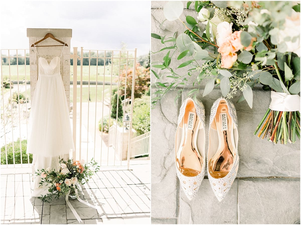 Arielle Peters Photography | Wedding dress hanging outside at The Bridgewater Club in Carmel, Indiana on wedding day.