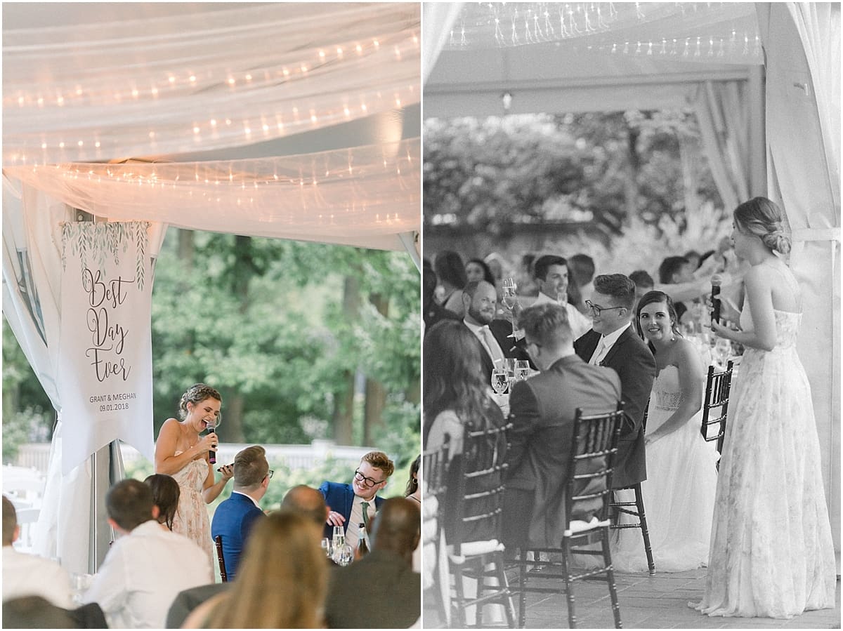Arielle Peters Photography | Maid of honor giving a speech at the wedding reception at The Bridgewater Club in Carmel, Indiana on wedding day.