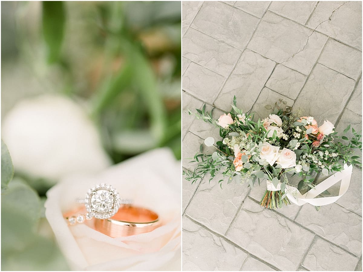 Arielle Peters Photography | Wedding rings stacked on bridal bouquet at The Bridgewater Club in Carmel, Indiana on wedding day.
