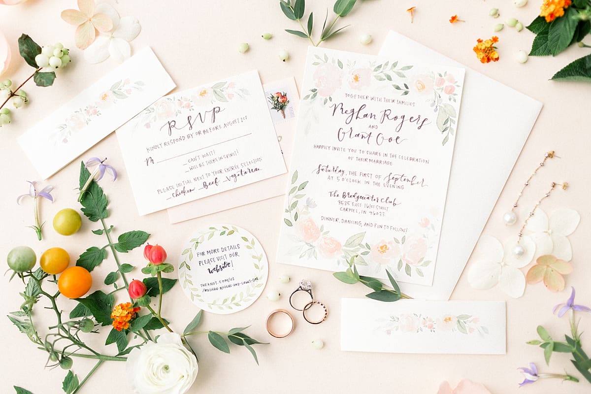 Arielle Peters Photography | Wedding invitations and florals at The Bridgewater Club in Carmel, Indiana on wedding day.