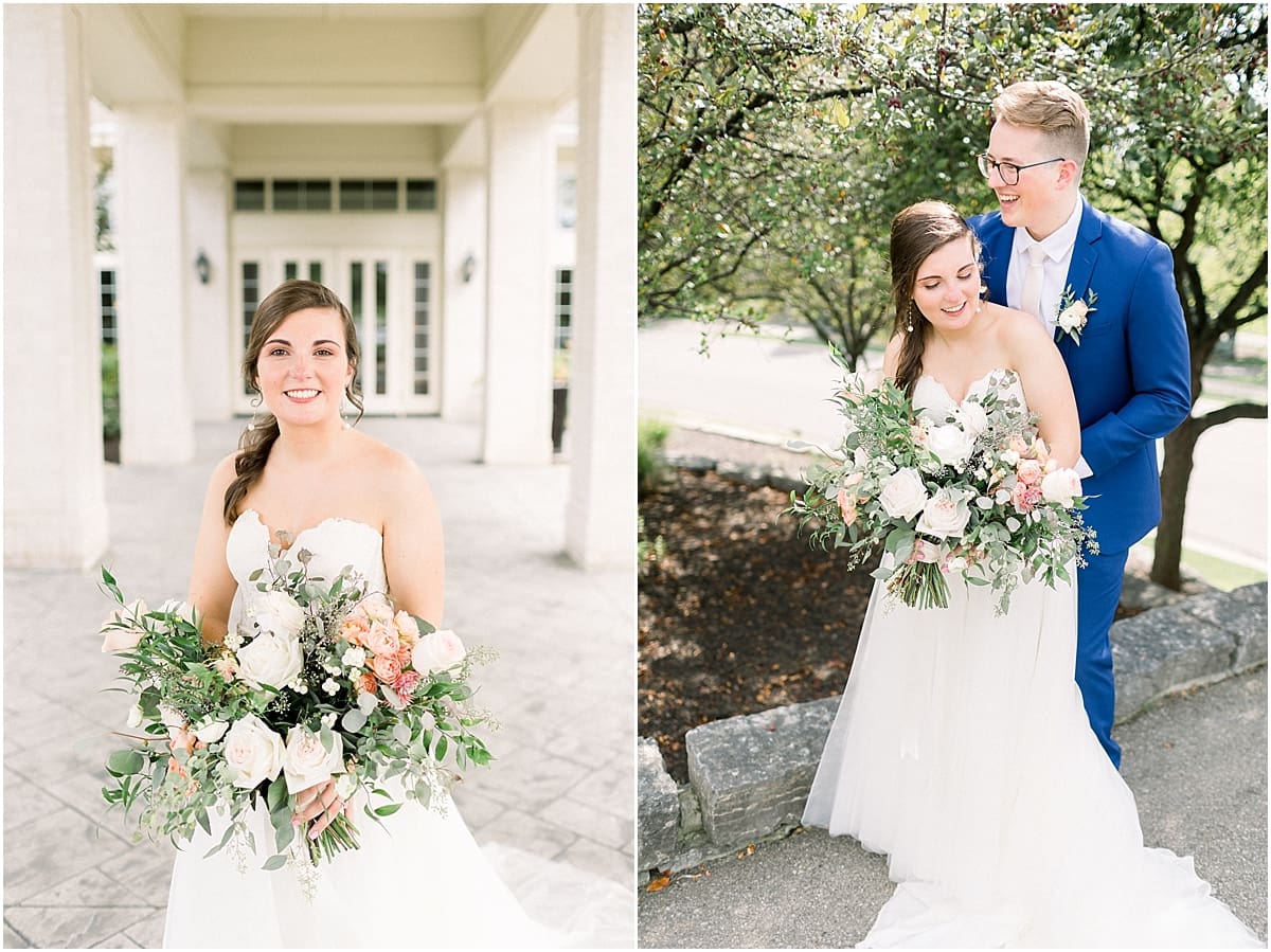 Arielle Peters Photography | Bride and groom smiling outside at The Bridgewater Club in Carmel, Indiana on wedding day.