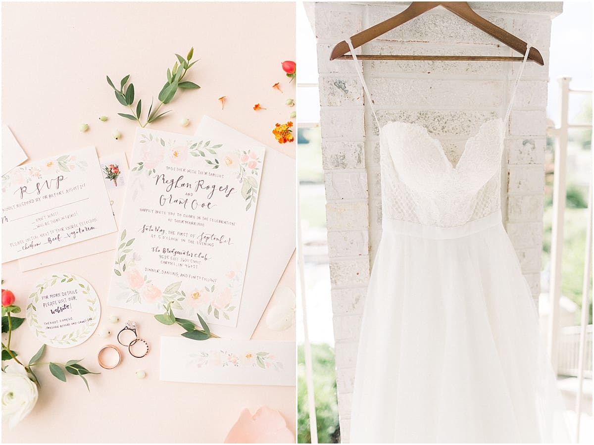 Arielle Peters Photography | Wedding gown hanging on brick wall at The Bridgewater Club in Carmel, Indiana on wedding day.