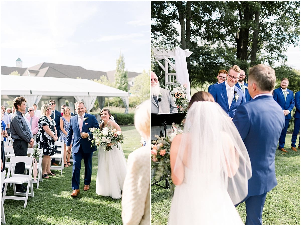 Arielle Peters Photography | Father of the bride walking the bride down the aisle at The Bridgewater Club in Carmel, Indiana on wedding day.