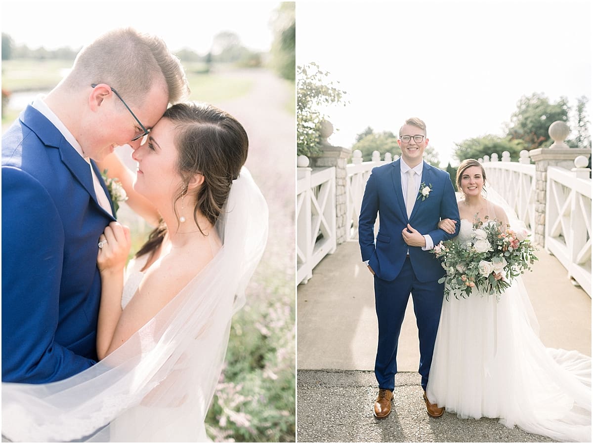 Arielle Peters Photography | Bride and groom smiling in a bridge at The Bridgewater Club in Carmel, Indiana on wedding day.