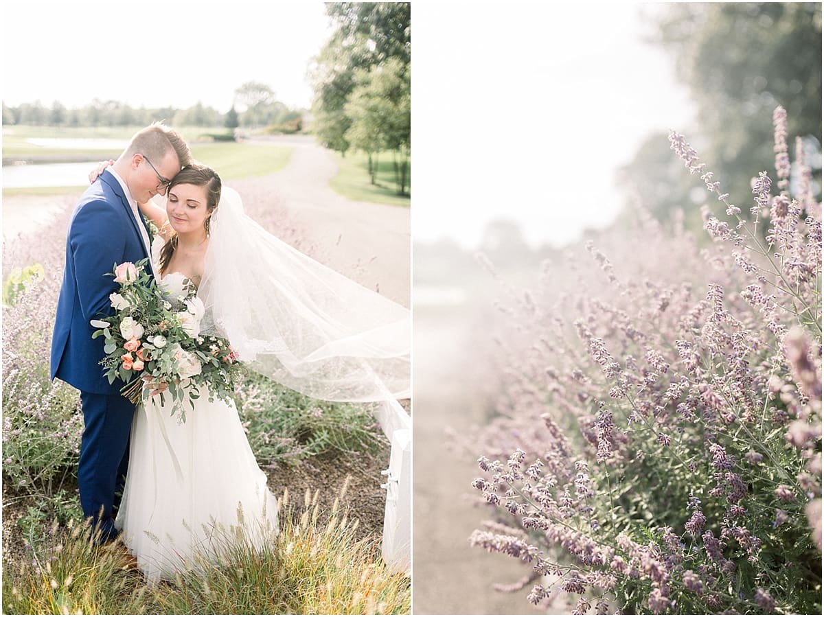 Arielle Peters Photography | Bride and groom smiling in a lavender field at The Bridgewater Club in Carmel, Indiana on wedding day.