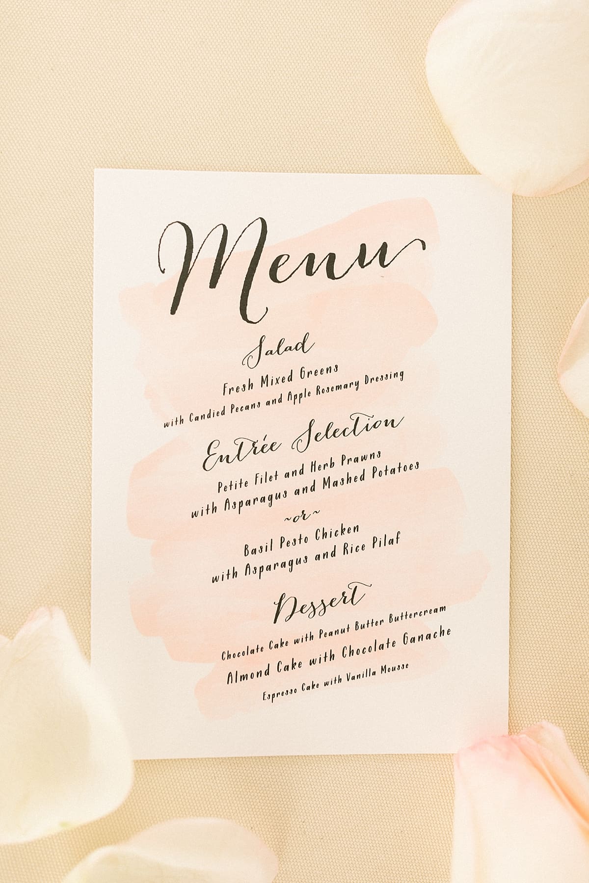 Arielle Peters Photography | Wedding reception table settings and menu at The Bridgewater Club in Carmel, Indiana on wedding day.