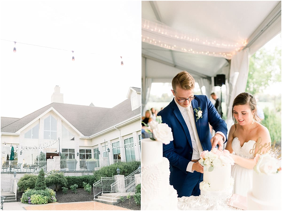 Arielle Peters Photography | Bride and groom cutting the wedding cake at the wedding reception at The Bridgewater Club in Carmel, Indiana on wedding day.