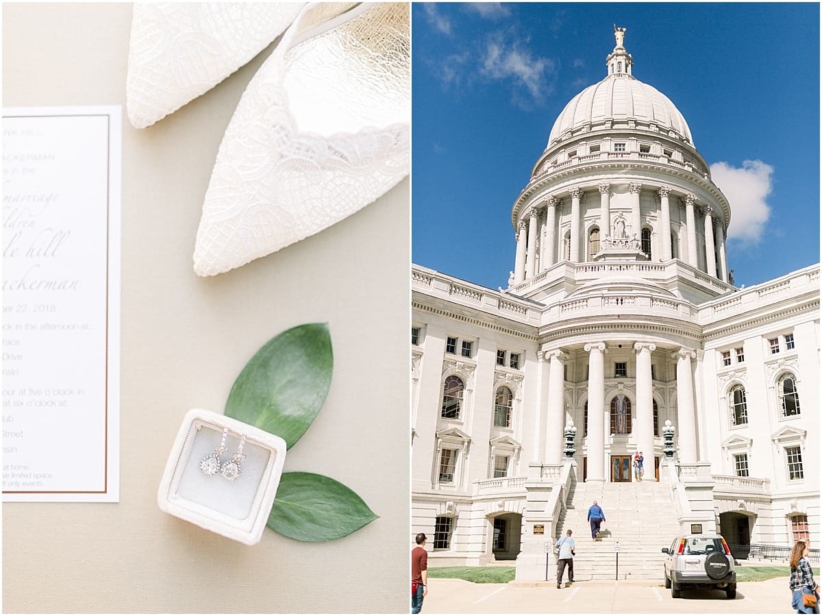 Arielle Peters Photography | Bride's shoes and jewelry at Monona Terrace in Madison, Wisconsin on wedding day.