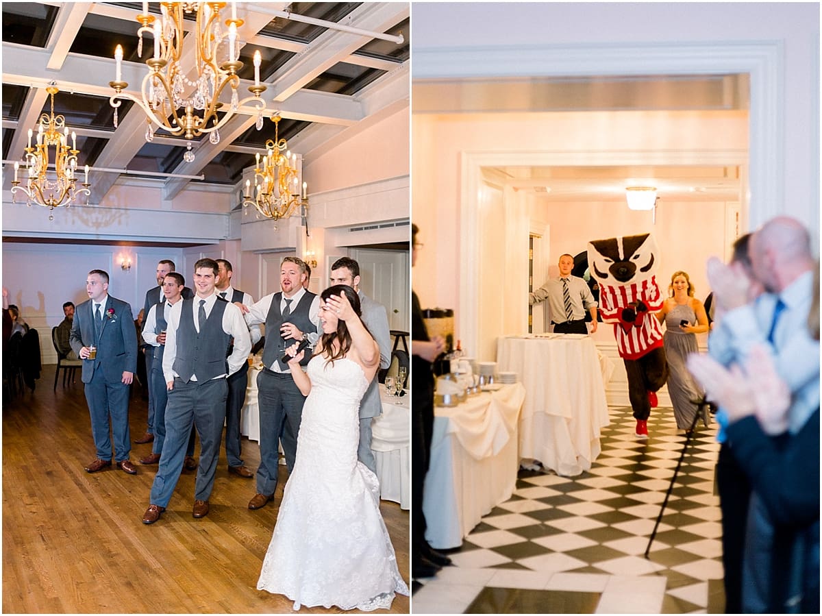 Arielle Peters Photography | College mascot at wedding reception at The Madison Club in Madison, Wisconsin on wedding day.