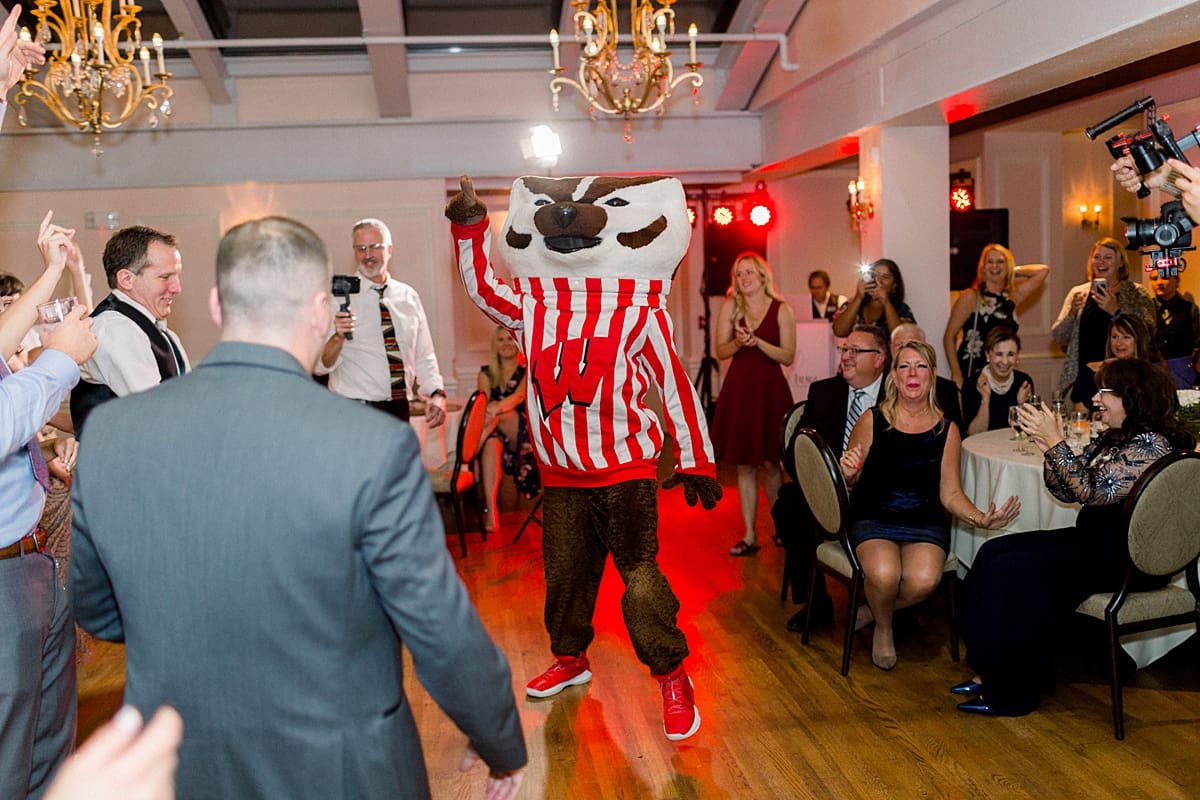 Arielle Peters Photography | College mascot at wedding reception at The Madison Club in Madison, Wisconsin on wedding day.