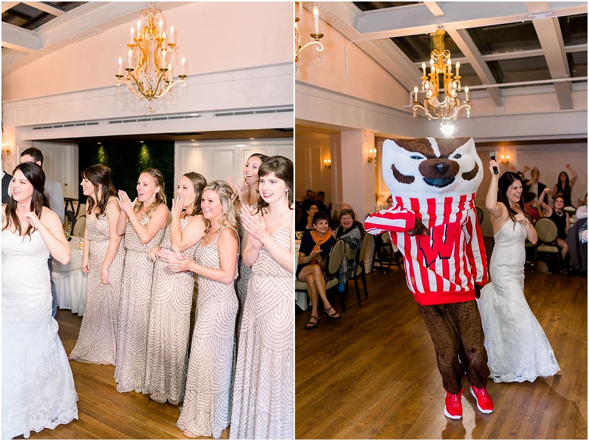Arielle Peters Photography | College mascot dancing at wedding reception at The Madison Club in Madison, Wisconsin on wedding day.