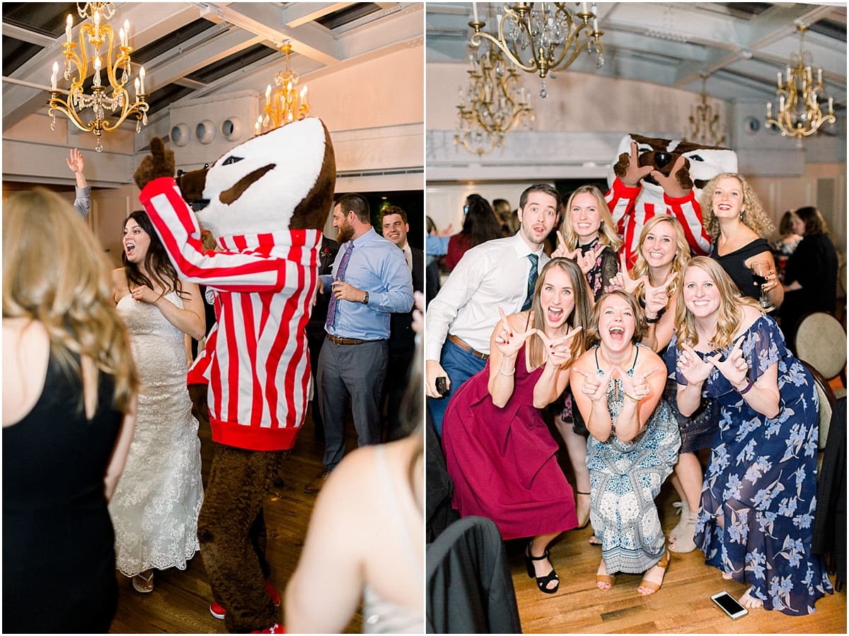 Arielle Peters Photography | Wedding guests laughing with college mascot at wedding reception at The Madison Club in Madison, Wisconsin.