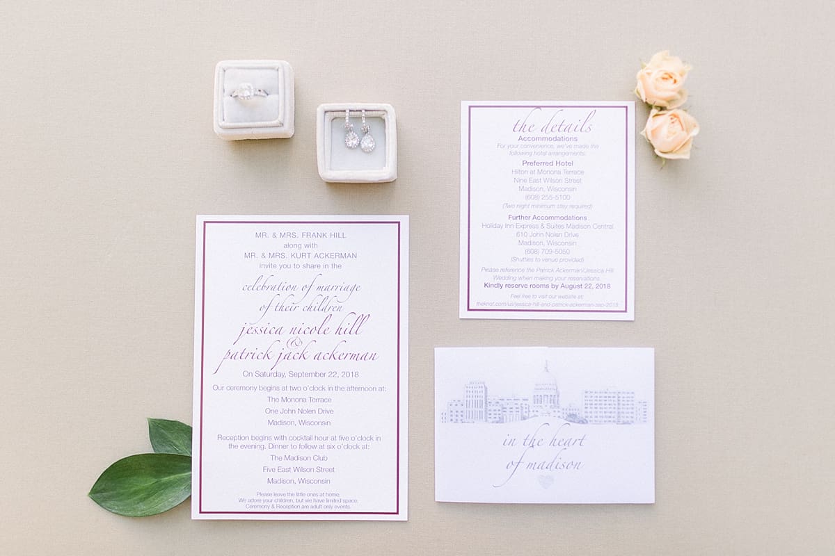 Arielle Peters Photography | Wedding jewelry and invitations on wedding day in Madison, Wisconsin.