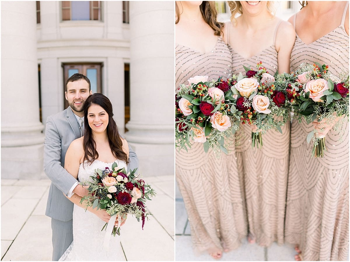 Arielle Peters Photography | Bride and groom and bridesmaids smiling with bouquets downtown Madison, Wisconsin on wedding day.