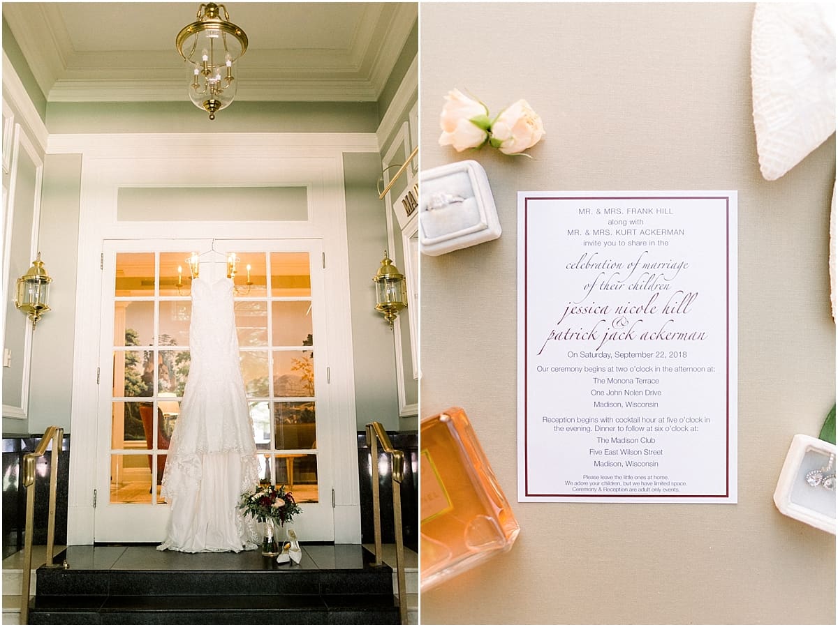 Arielle Peters Photography | Bride's wedding dress hanging in doorway with wedding invitation on wedding day in Madison, Wisconsin. 