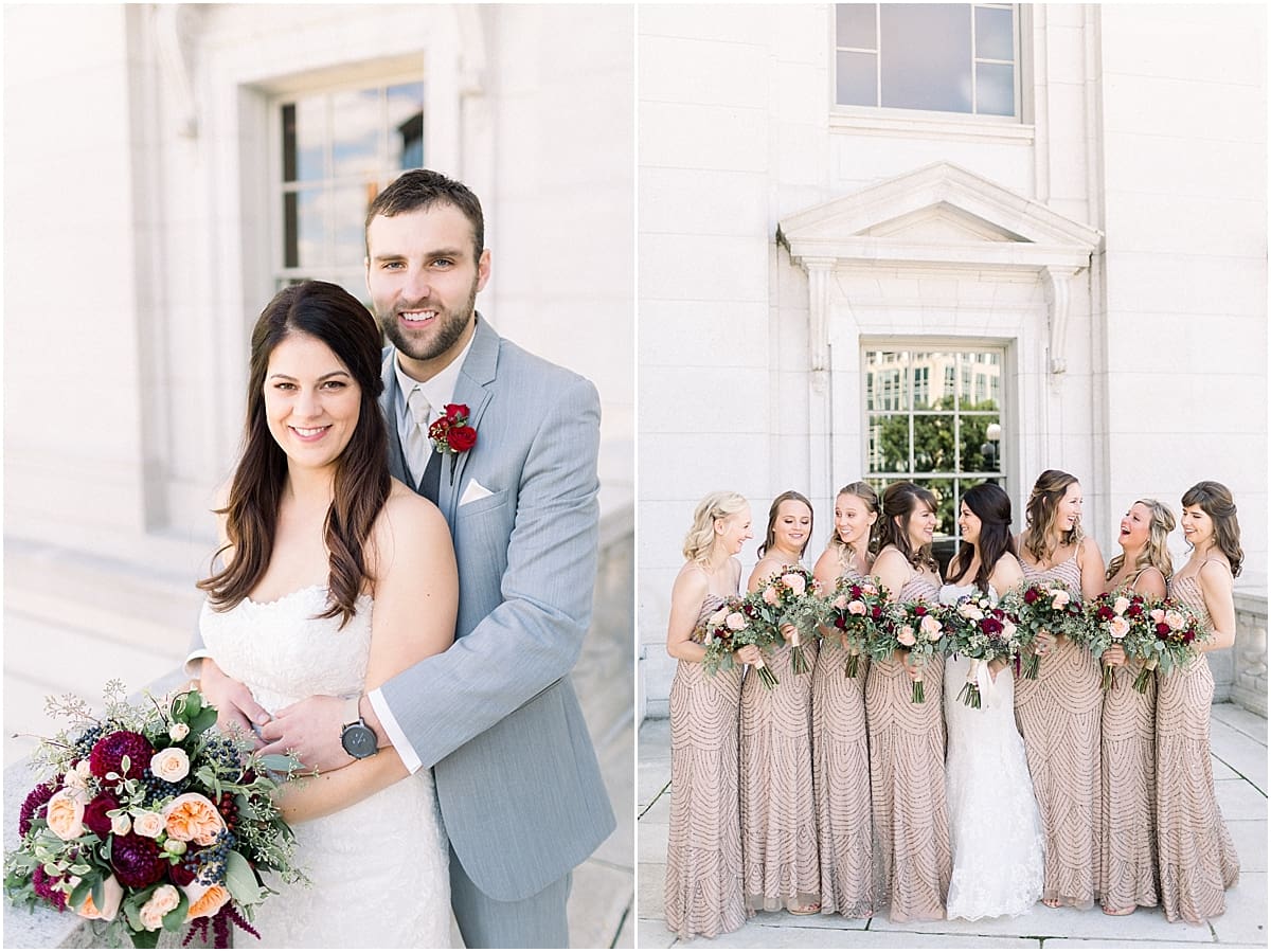 Arielle Peters Photography | Bride looking at bridesmaids and laughing at Monona Terrace in Madison, Wisconsin on wedding day.