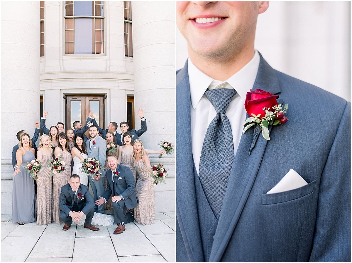 Arielle Peters Photography | Bride and groom cheering with wedding party outside Monona Terrace on wedding day in Madison, Wisconsin.