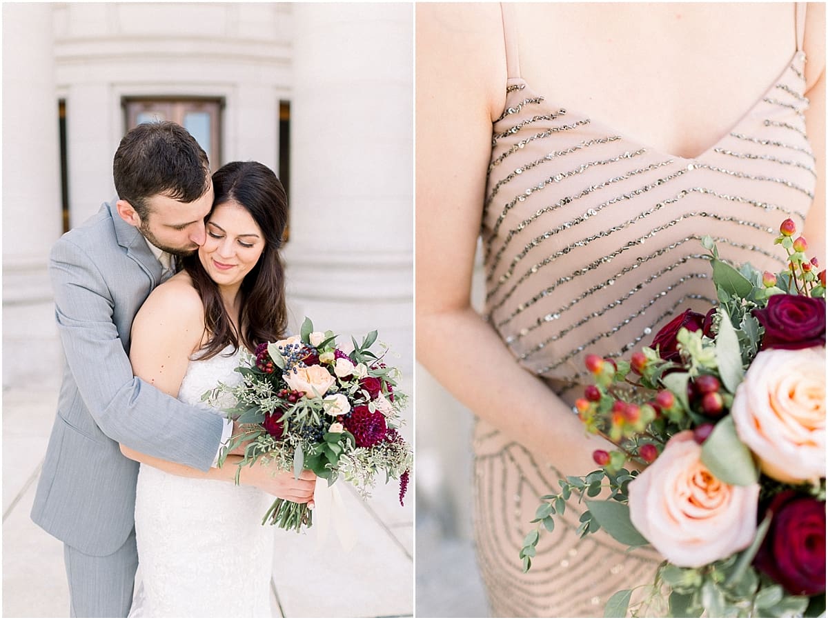 Arielle Peters Photography | Groom kissing his bride outside Monona Terrace in Madison, Wisconsin on wedding day.