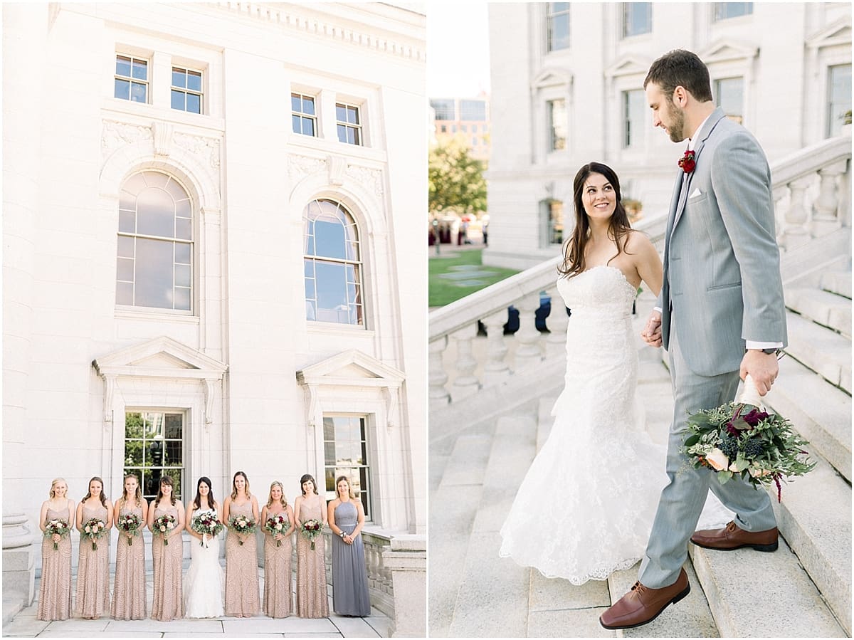 Arielle Peters Photography |  Bride and groom walking down stairs at Monona Terrace in Madison, Wisconsin on wedding day.