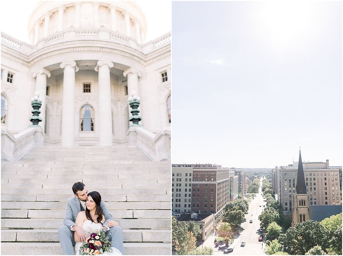 Arielle Peters Photography | Bride and groom sitting on stairs outside Monona Terrace in Madison, Wisconsin on wedding day.