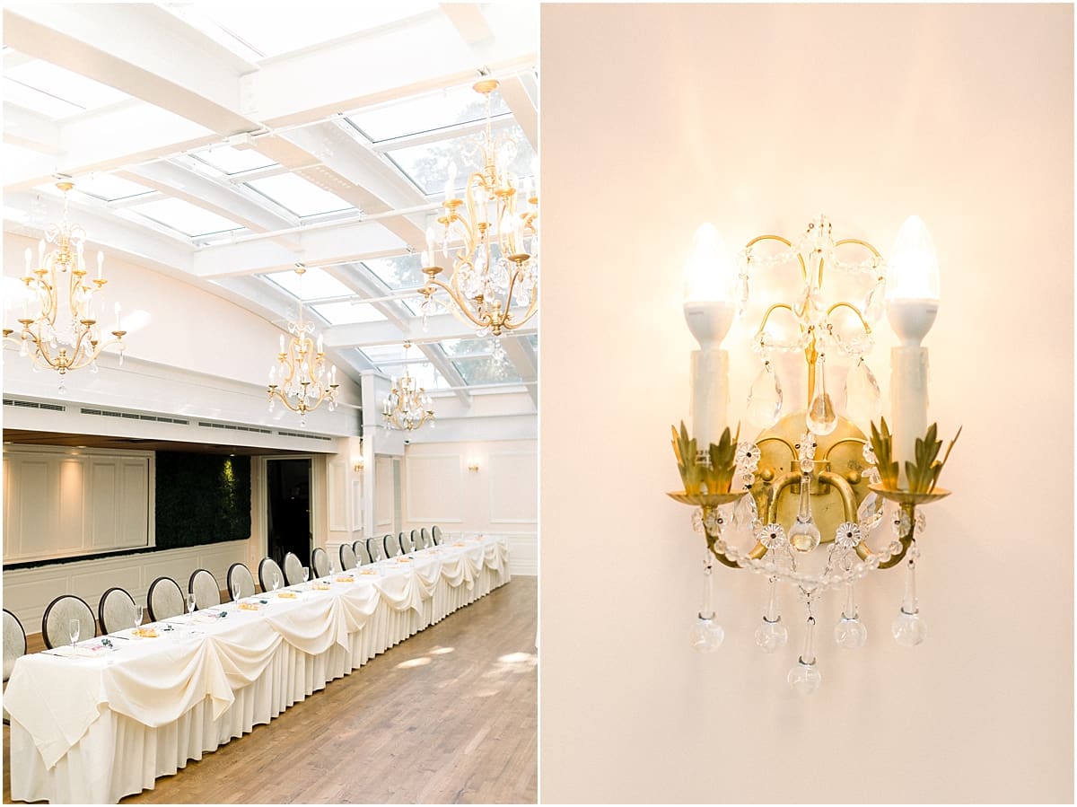 Arielle Peters Photography | Table settings and chandeliers inside the Madison Club in Madison, Wisconsin on wedding day.