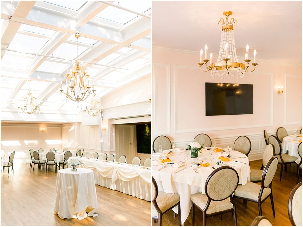Arielle Peters Photography | Table settings and chandeliers inside the Madison Club in Madison, Wisconsin on wedding day.