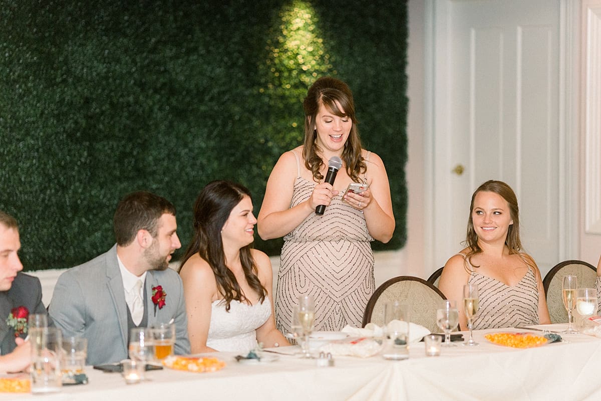 Arielle Peters Photography | Maid of honor giving speech at wedding reception at The Madison Club in Madison, Wisconsin on wedding day.