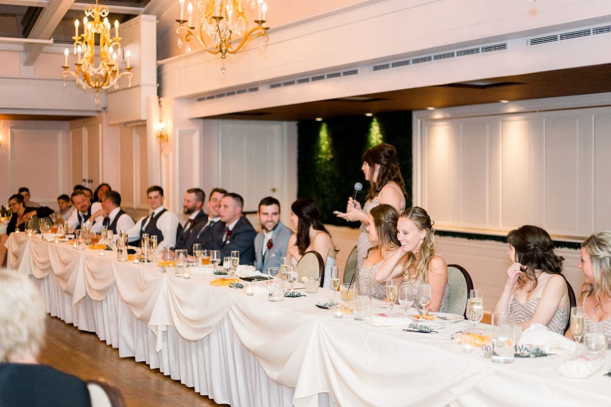 Arielle Peters Photography | Maid of honor giving speech at wedding reception at The Madison Club in Madison, Wisconsin on wedding day.
