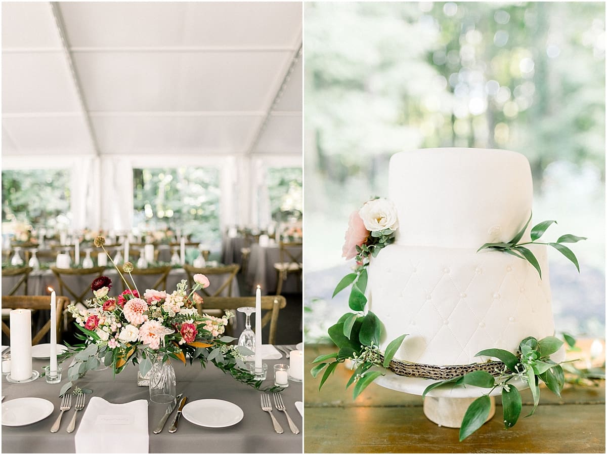 Arielle Peters Photography | Wedding cake and floral arrangements at The Morris Estate in Niles, Michigan on wedding day.  